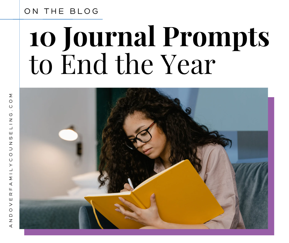 A graphic that reads "10 Journal Prompts to End the Year" above a stock photo of a young Black woman sitting and writing in a yellow notebook.